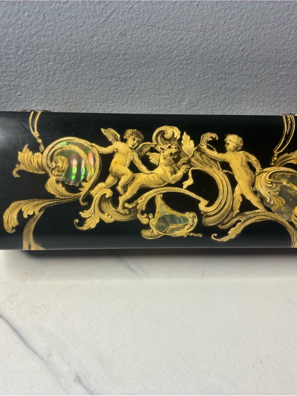Signed 1972 Paula Geoffroy Lacquer Jewelry Box with Abalone Inlay